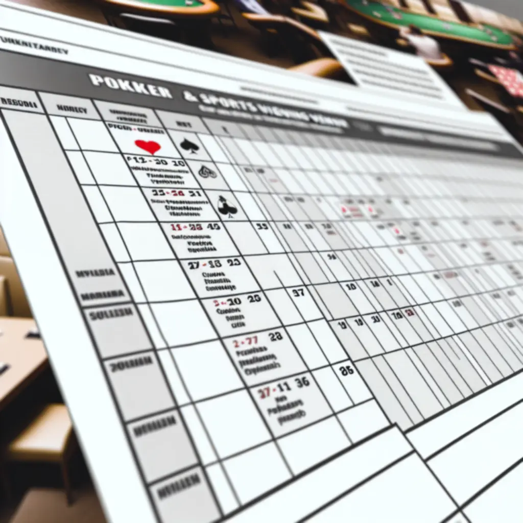 Ekran z kalendarzem wydarzeń pokerowych i transmisji sportowych