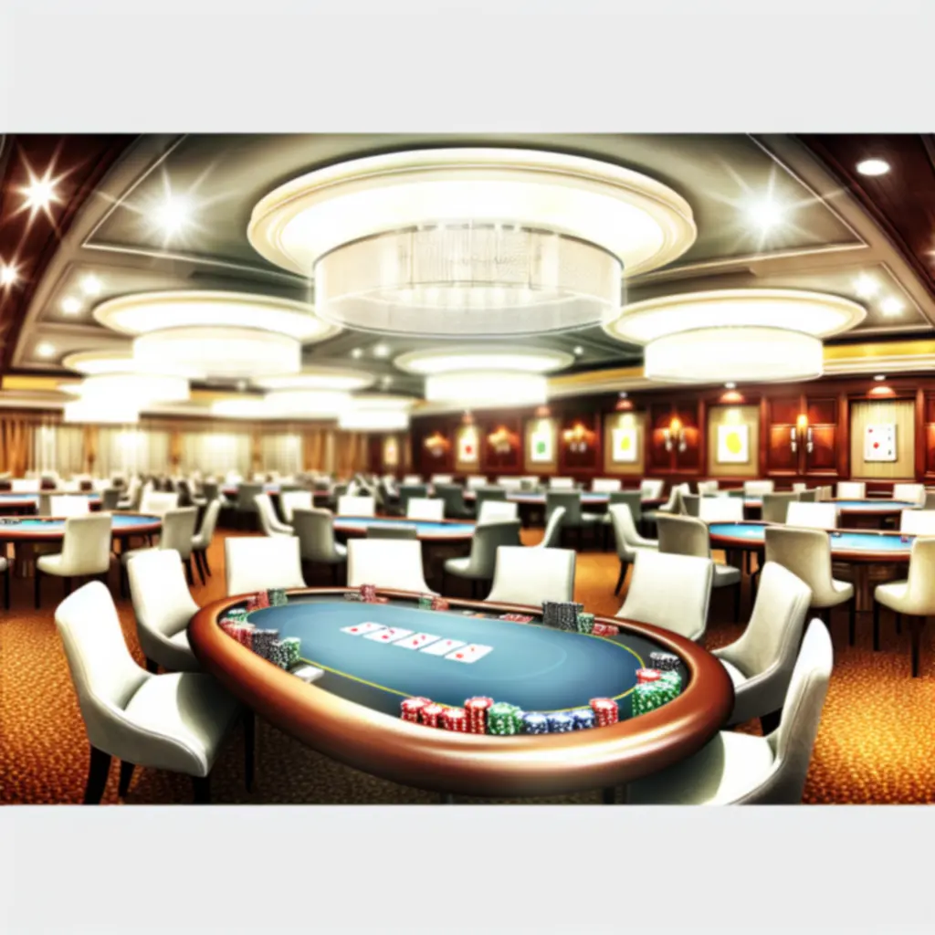 Sala pokerowa Drava Stage z oświetloną sceną i stołami do gry